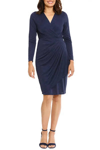 London Times - Pleated Waist Faux Wrap Dress