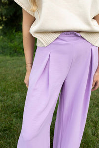GEEGEE High Rise Ruffle Waist Pants in violet - women's pants - detail view