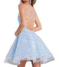 JOVANI Embroidered Fit And Flare Short Dress in light blue - women's dress - detail view