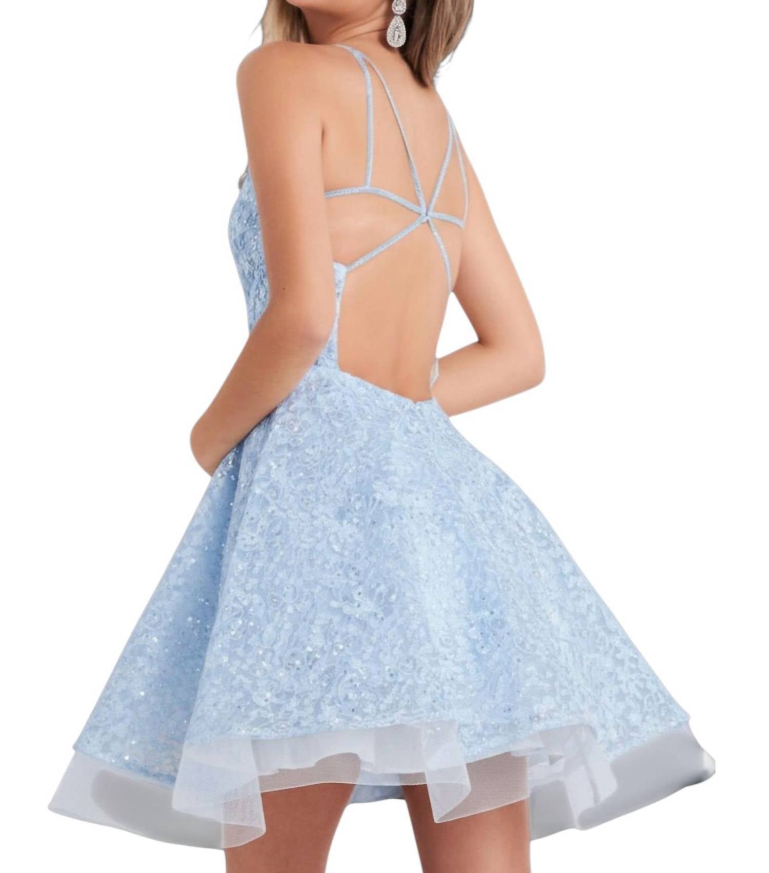 JOVANI Embroidered Fit And Flare Short Dress in light blue - women's dress - detail view