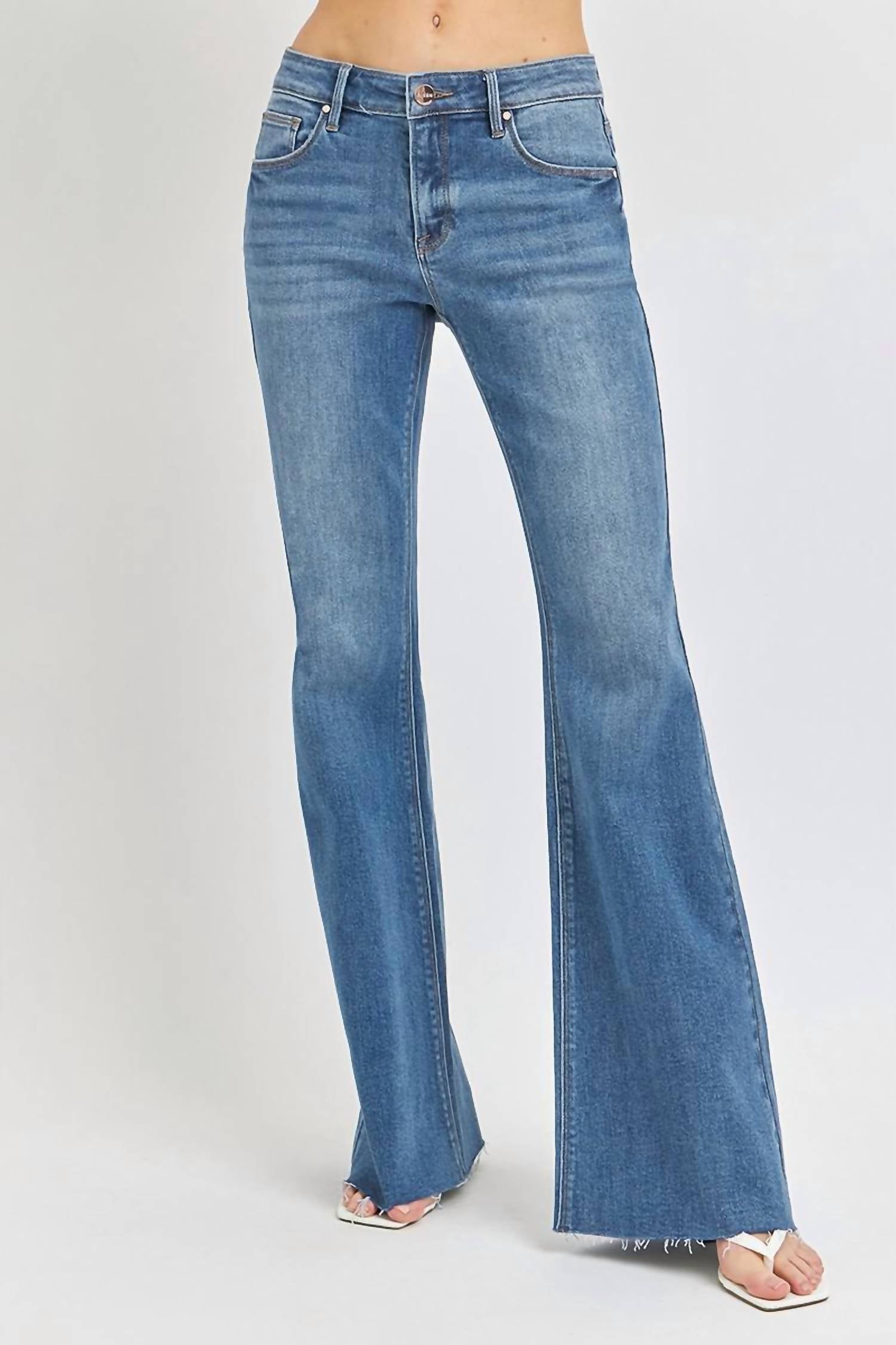 Risen - Mid Rise Flare Raw Cut Hem Jeans