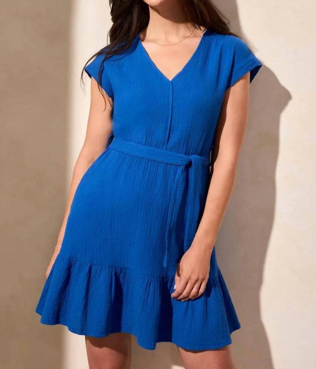 Tribal - Cotton Gauze Cap Sleeve Dress With Sash