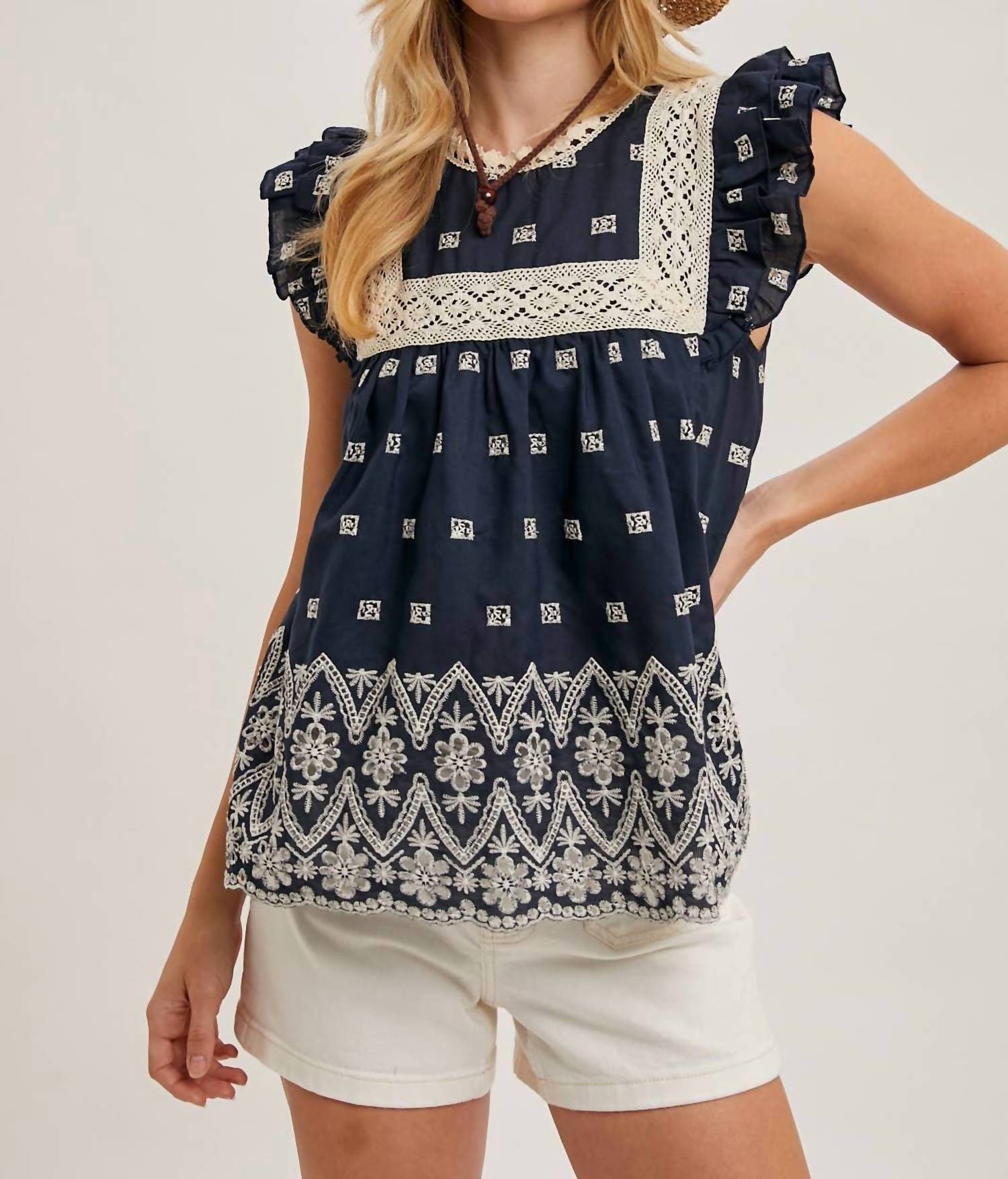Bluivy - Boho Floral Embroidered Baby Doll Blouse