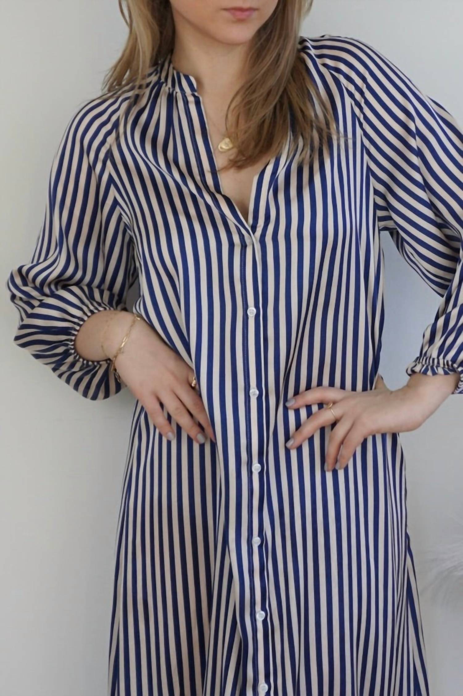 NIBI MTK Willa Shirt Dress in navy cream stripe - women's dress - alternate view
