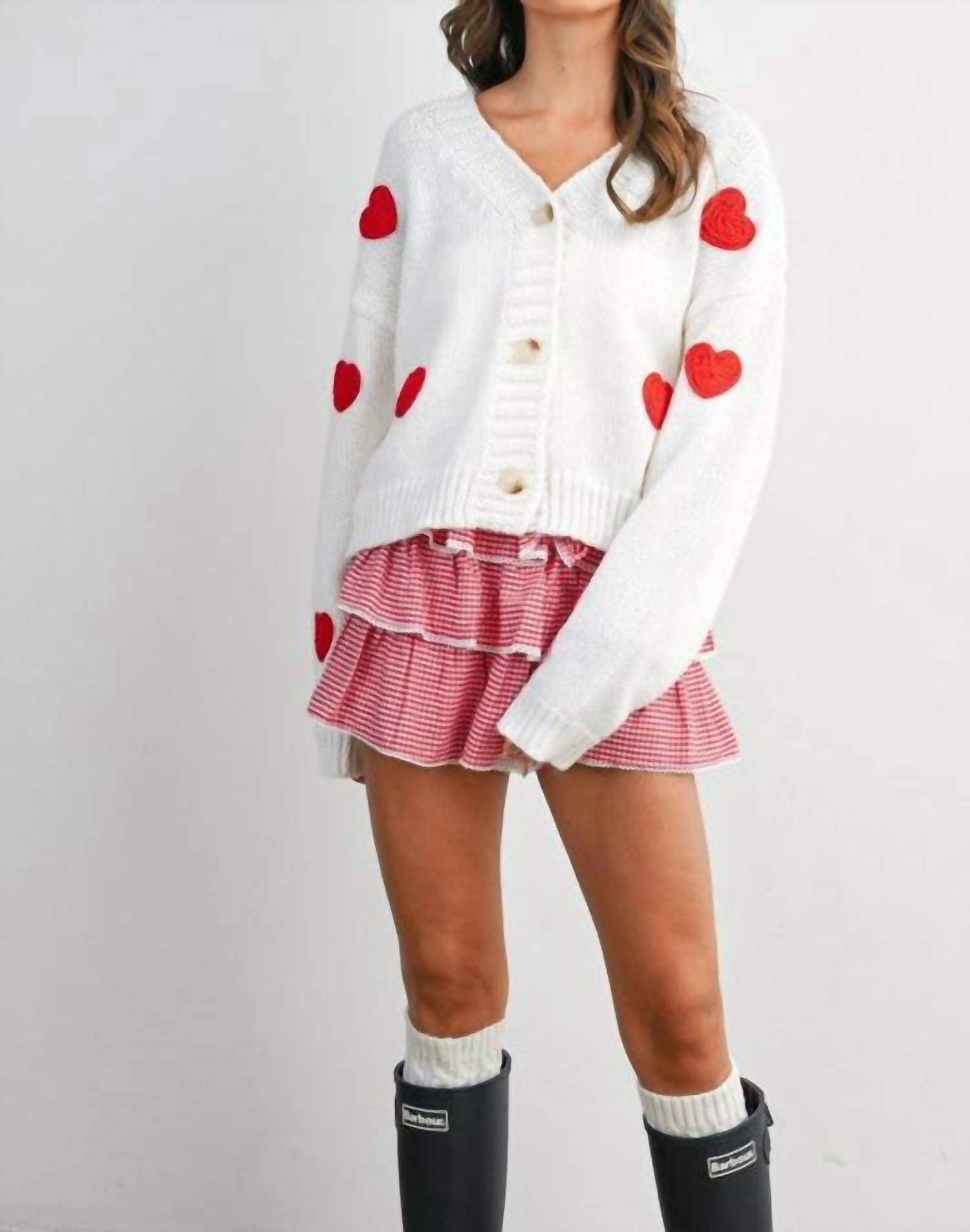 Buttermelon Heart Pattern Cropped V-Neck Cardigan in white - women's cardigan - detail view