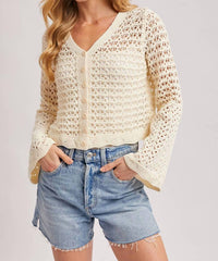 Bluivy - Button Down Open Knit Crochet Cardigan