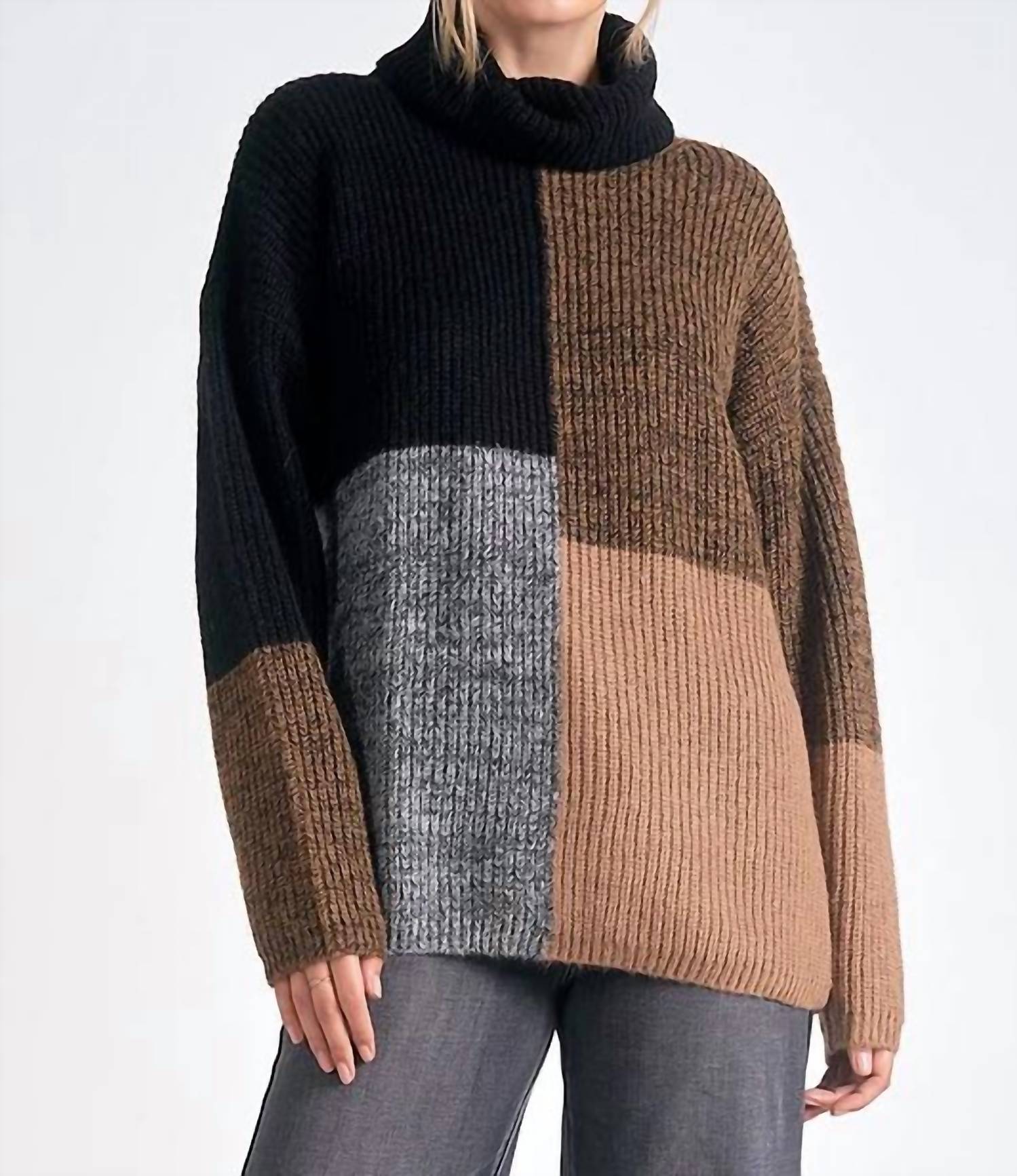 Elan - Color Block Mock Neck Sweater