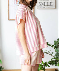 Veveret Cotton Candy Stripe Knit Top in barbie pink cream - women's t-shirt - detail view