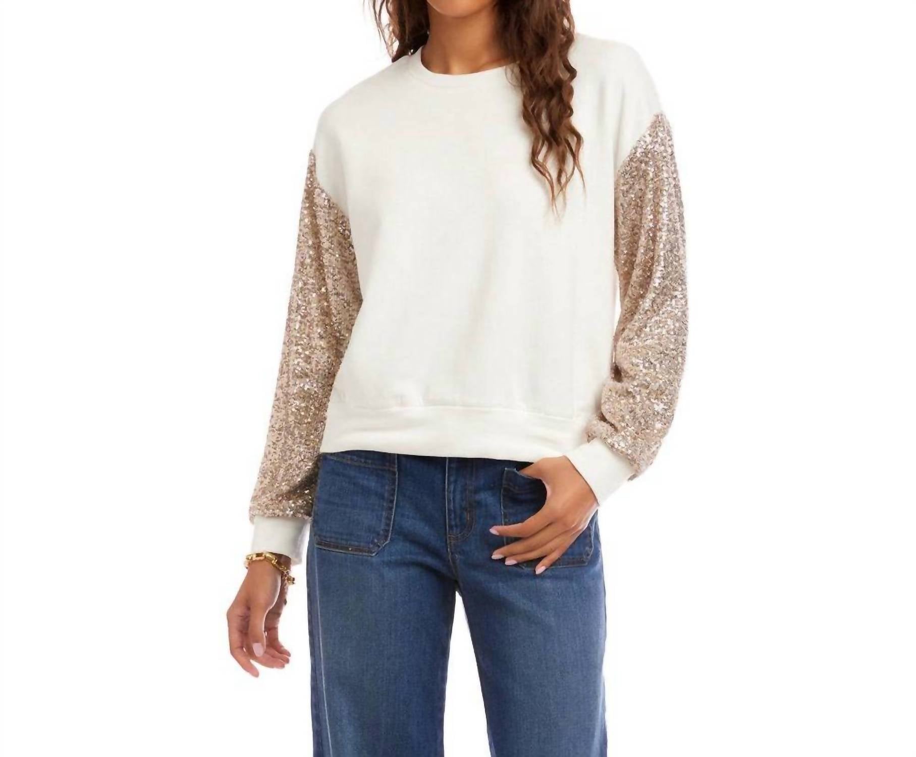 Karen Kane Sequin Sleeve Top in cream - women's shirt
