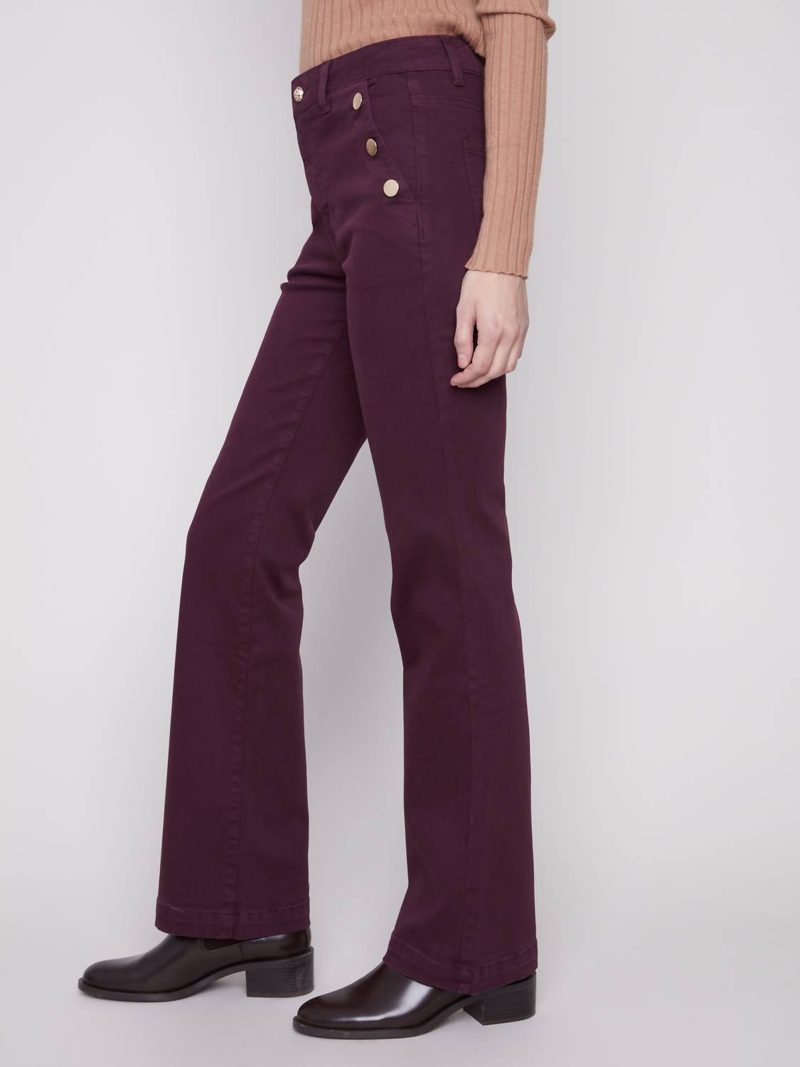 Charlie B - Flare Leg Colored Twill Pants With Side Buttons