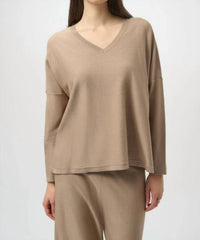 Joseph Ribkoff V-neck Jewel Embellished Knit Pullover in fawn - women's sweater