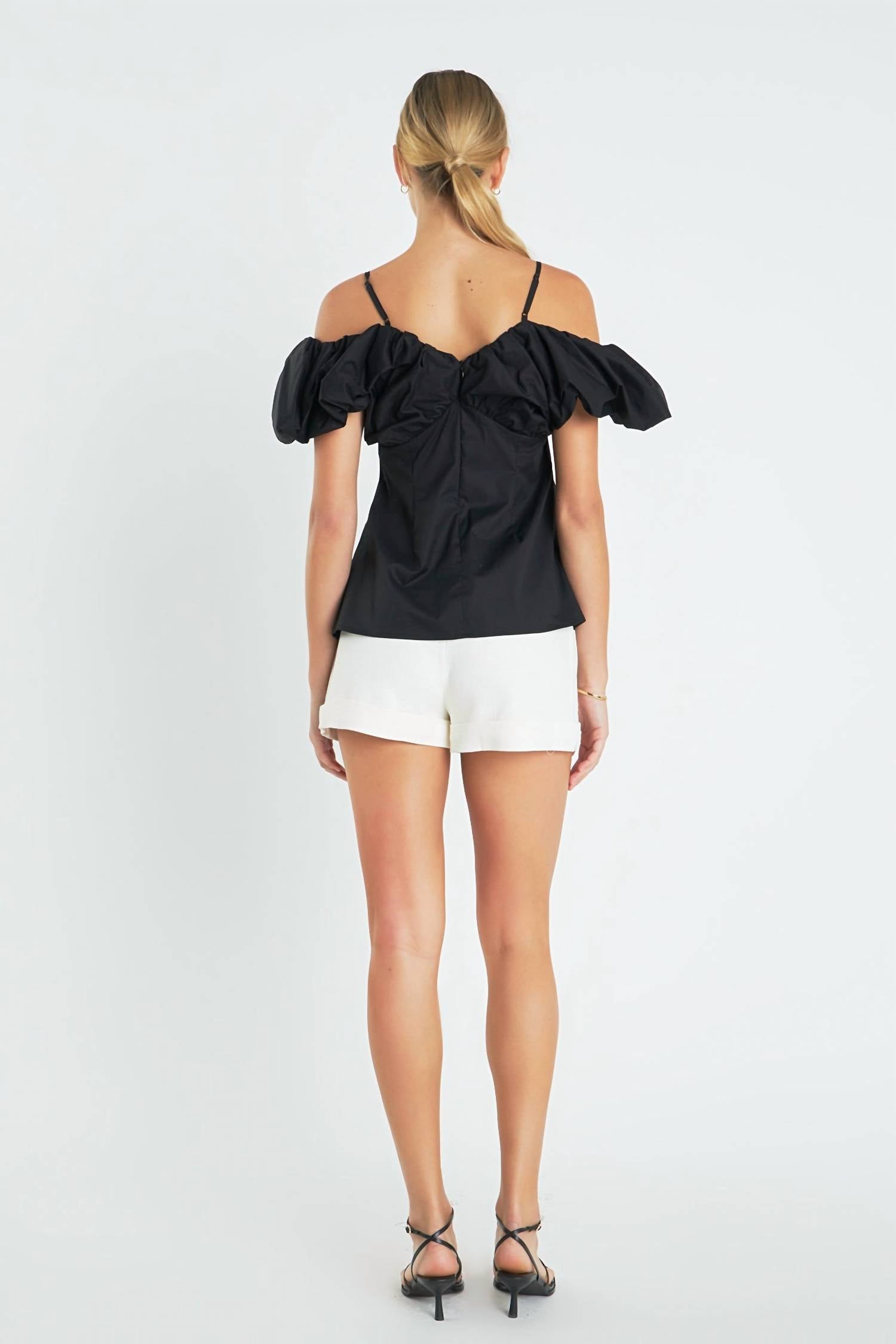 English Factory Victoria Ruched Sleeve Top in black - women's blouse - detail view