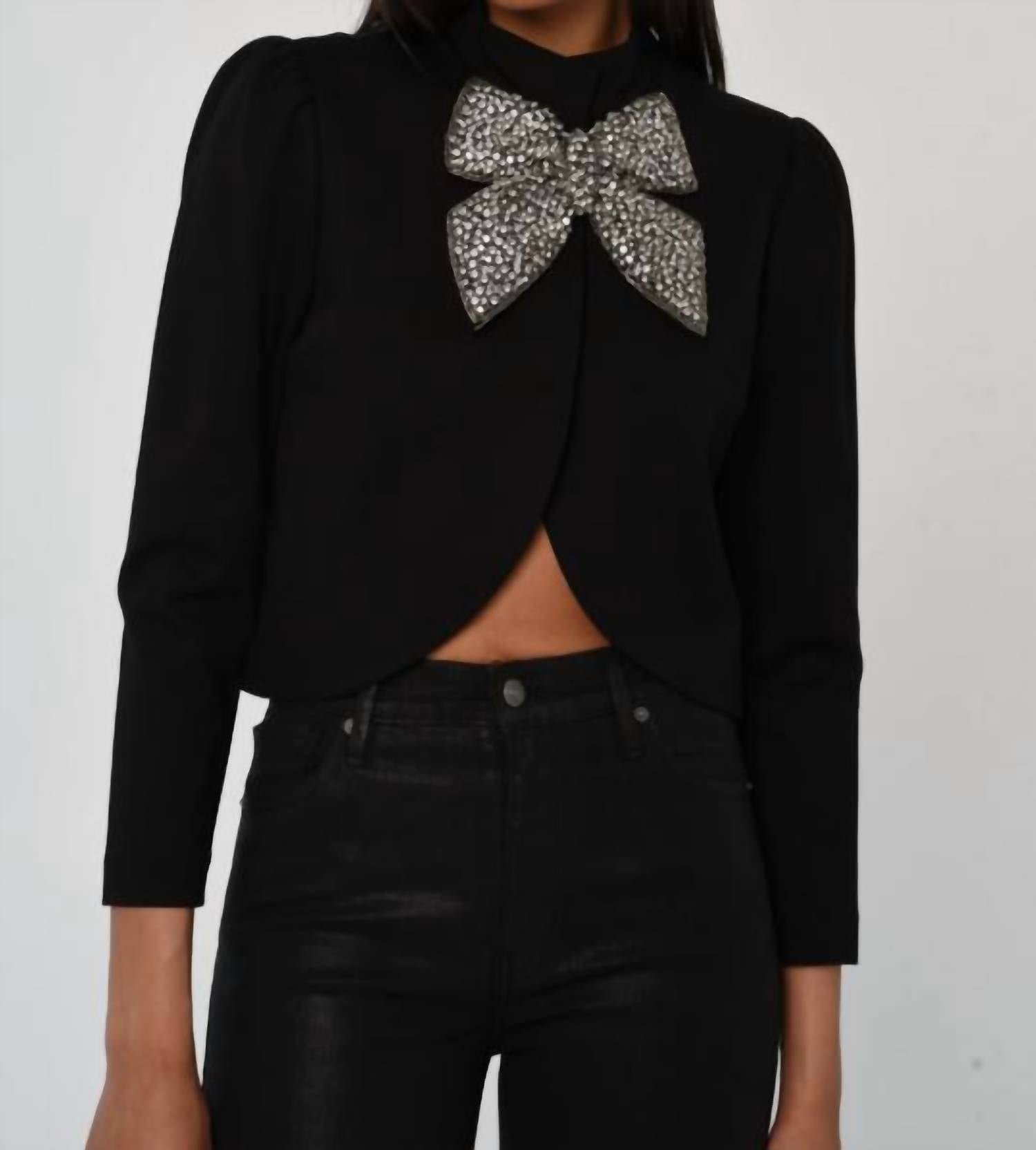 LOVE THE LABEL Regina removeable embellised bow jacket in black - women's jacket