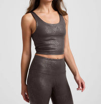 BEYOND YOGA Powershine Sport & Street Cropped Top in viper espresso - women's shirt - detail view