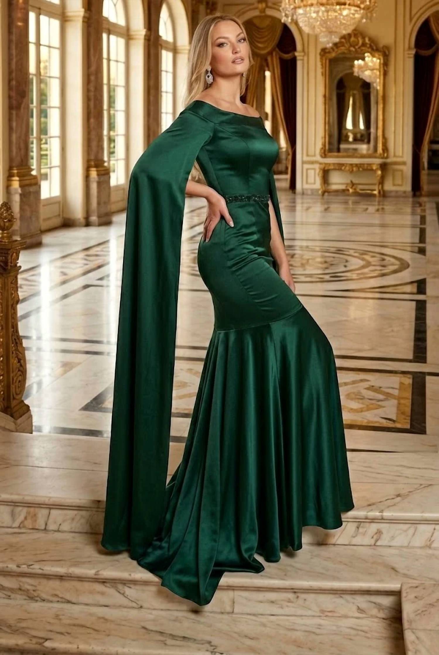 Royal Queen - V-neck Cape Sleeve Mermaid Formal Evening Dress