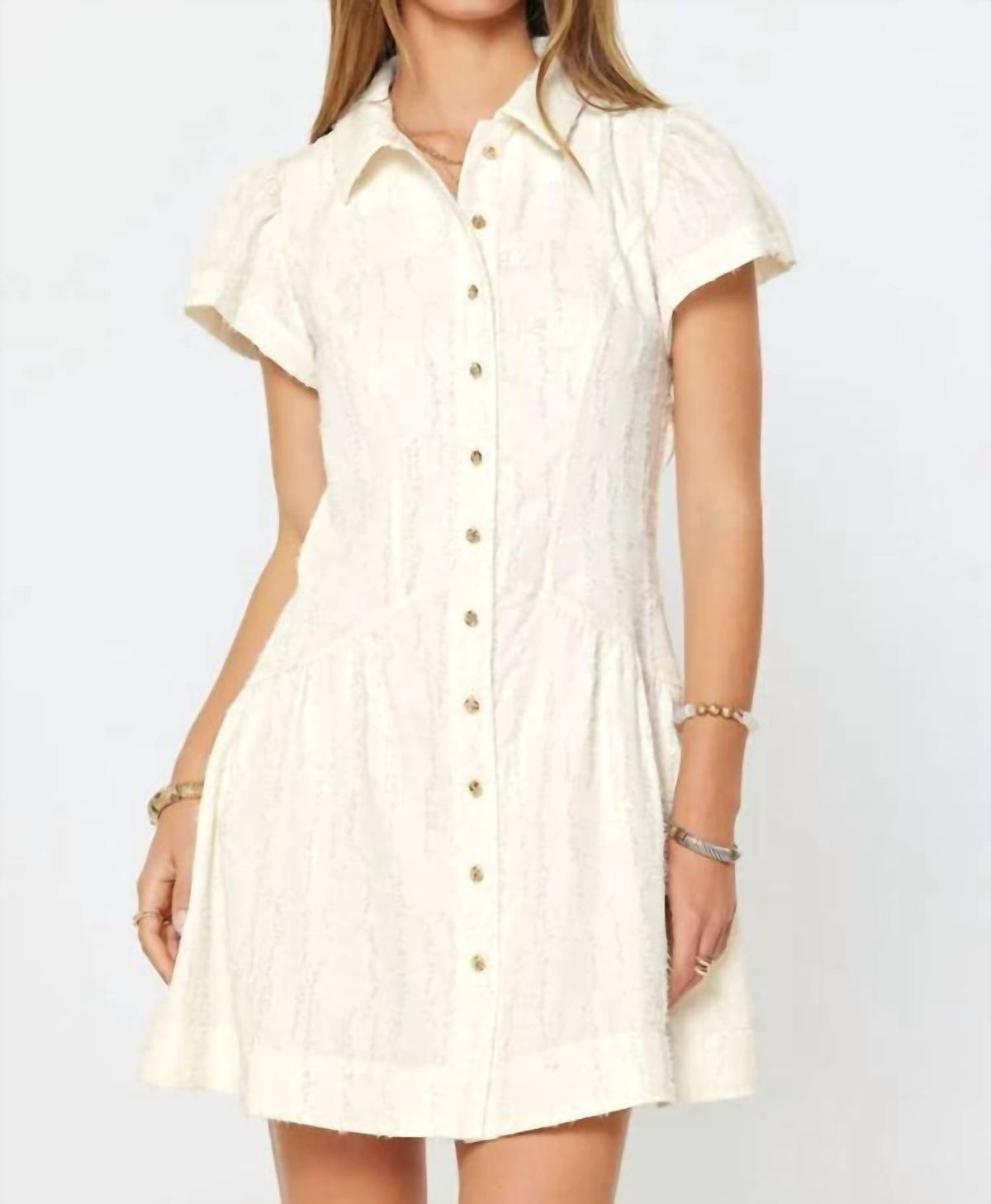 Current Air - Textured Detail Short Sleeve Button Down Mini Dress