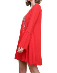 umgee Floral Embroidered Bell Sleeve Mini Dress in chili - women's dress - detail view