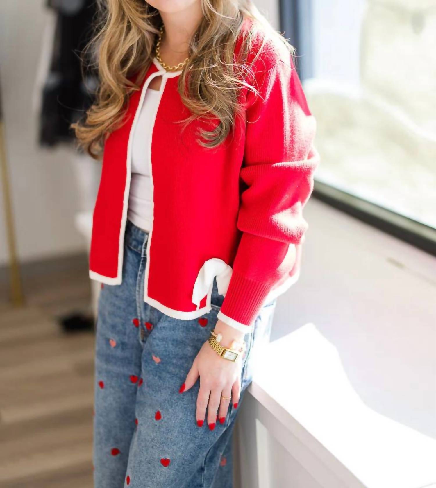 Fate - Contrast Bow Detail Open Cardigan