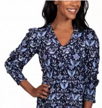 Navy Batike V-Neck Smocked Waist Dress