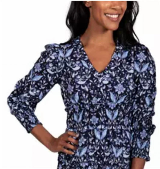 Navy Batike V-Neck Smocked Waist Dress