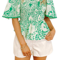 Umgee - Two-tone Paisley Smocked Peplum Top