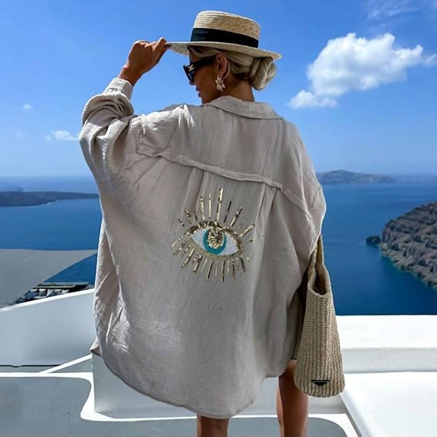 Always Amalfi - Oversized Evil Eye Gauze Cotton Button Shirt