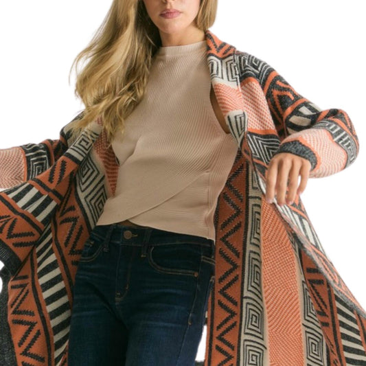 Davi & Dani - Printed Shawl Fringed Hem Cardigan