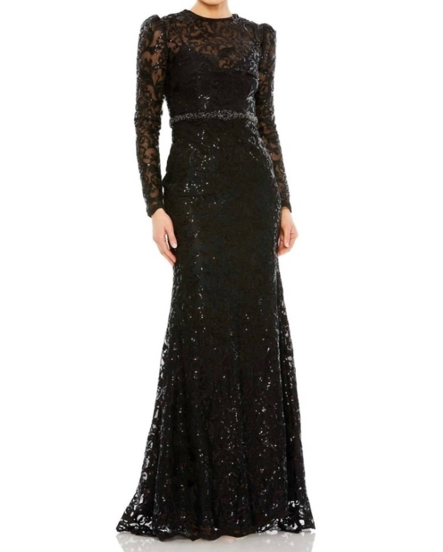 MAC DUGGAL Embellished High Neck Long Sleeve Gown in black - women's dress