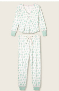 PJ Salvage Snowflake Wishes Pointelle Pants Set in white green pink - women's sleepwear - alternate view