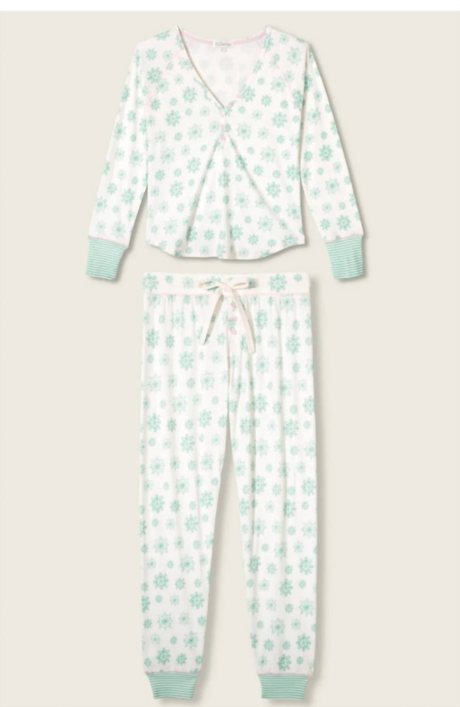 PJ Salvage Snowflake Wishes Pointelle Pants Set in white green pink - women's sleepwear - alternate view