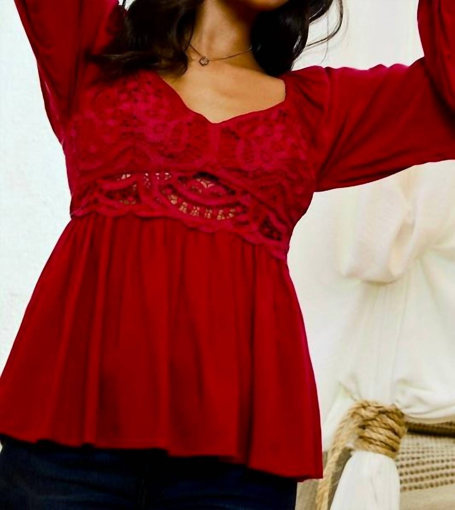 Main Strip - Crochet Front Smocked Back Peplum Top