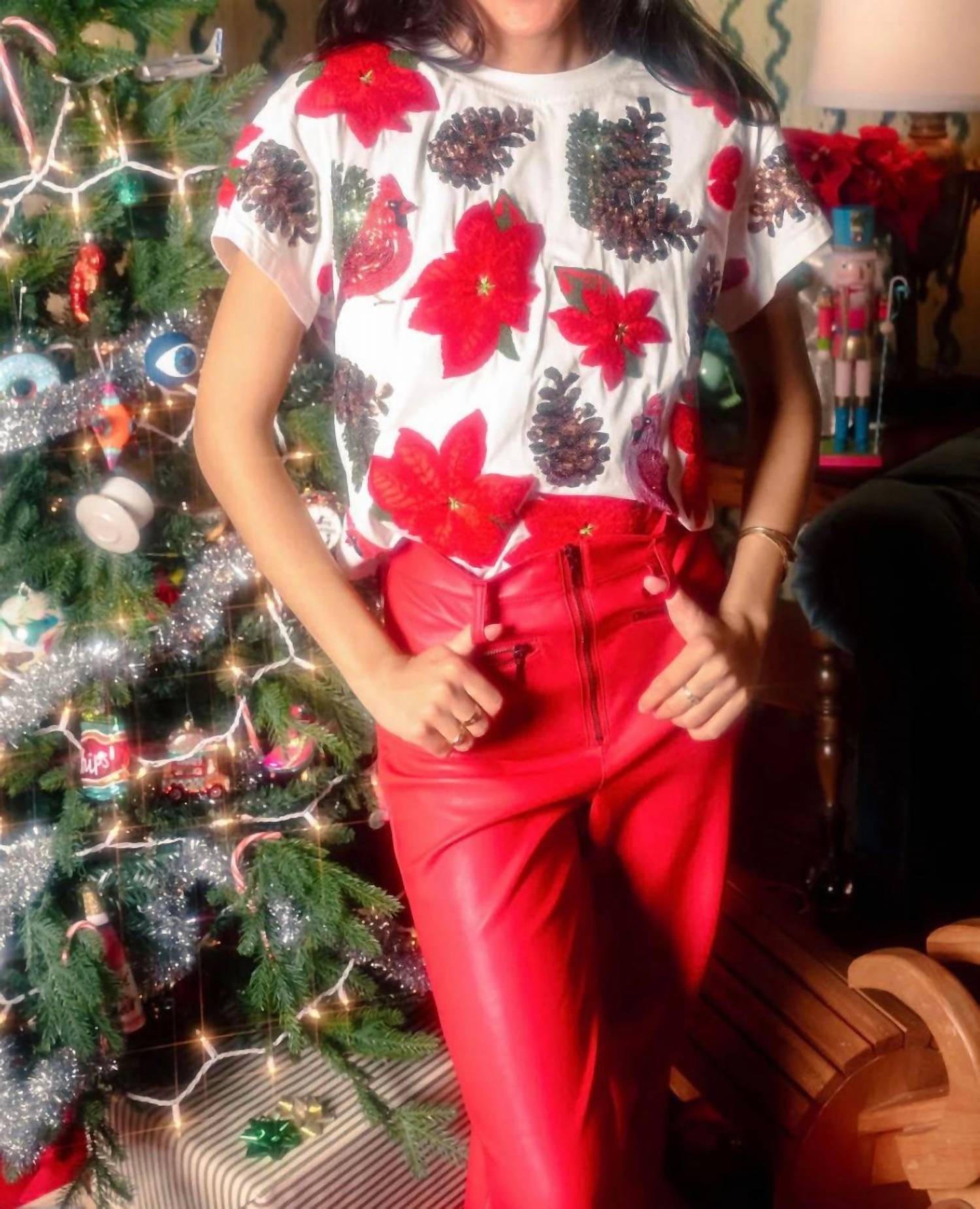 Queen Of Sparkles - Poinsettia & Pine Cone Tee