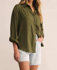 Z Supply Alfie Linen Button Up Shirt in fern - women's shirt
