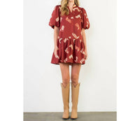 THML Puff Sleeve Boots Print Dress in burgundy - women's dress