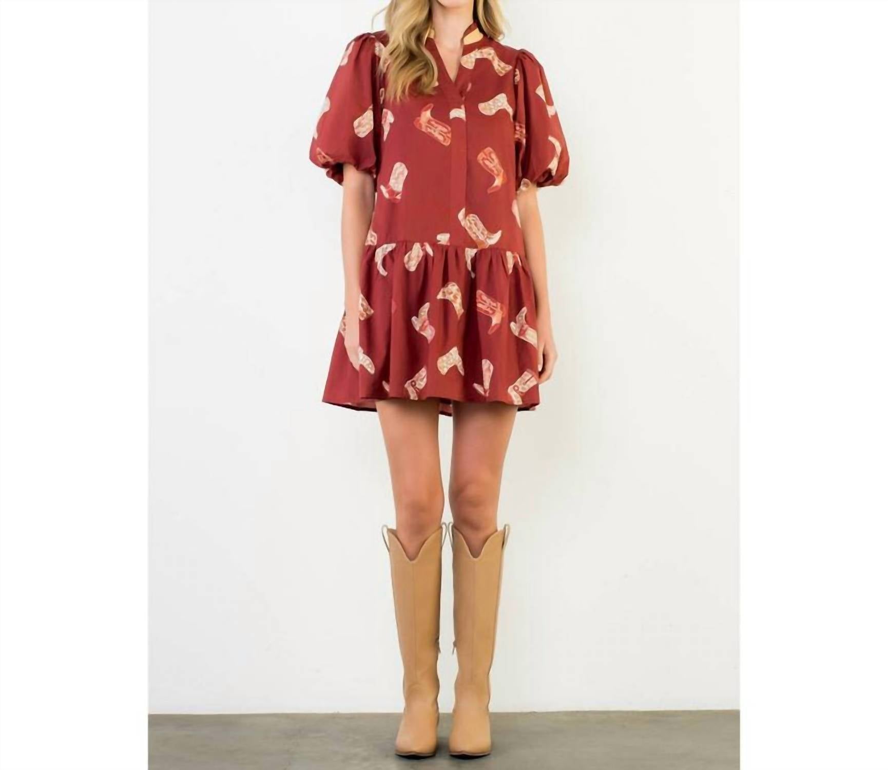 THML Puff Sleeve Boots Print Dress in burgundy - women's dress