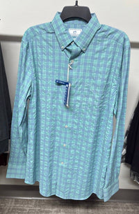SOUTHERN TIDE Intercoastal Cast Plaid Performance Sportshirt in heather wasabi - men's shirt - detail view