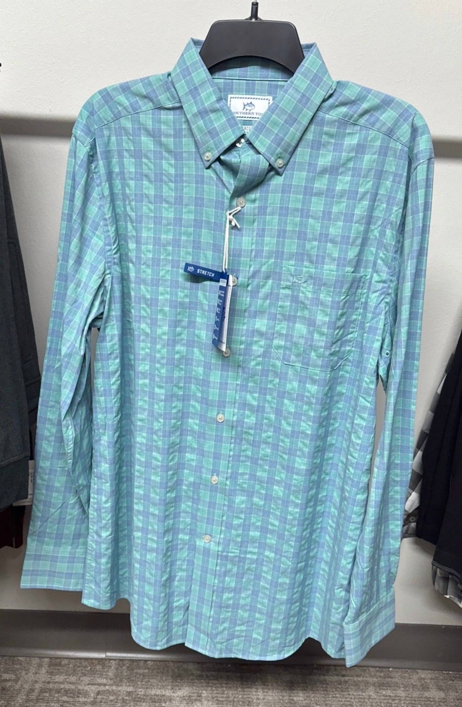 SOUTHERN TIDE Intercoastal Cast Plaid Performance Sportshirt in heather wasabi - men's shirt - detail view