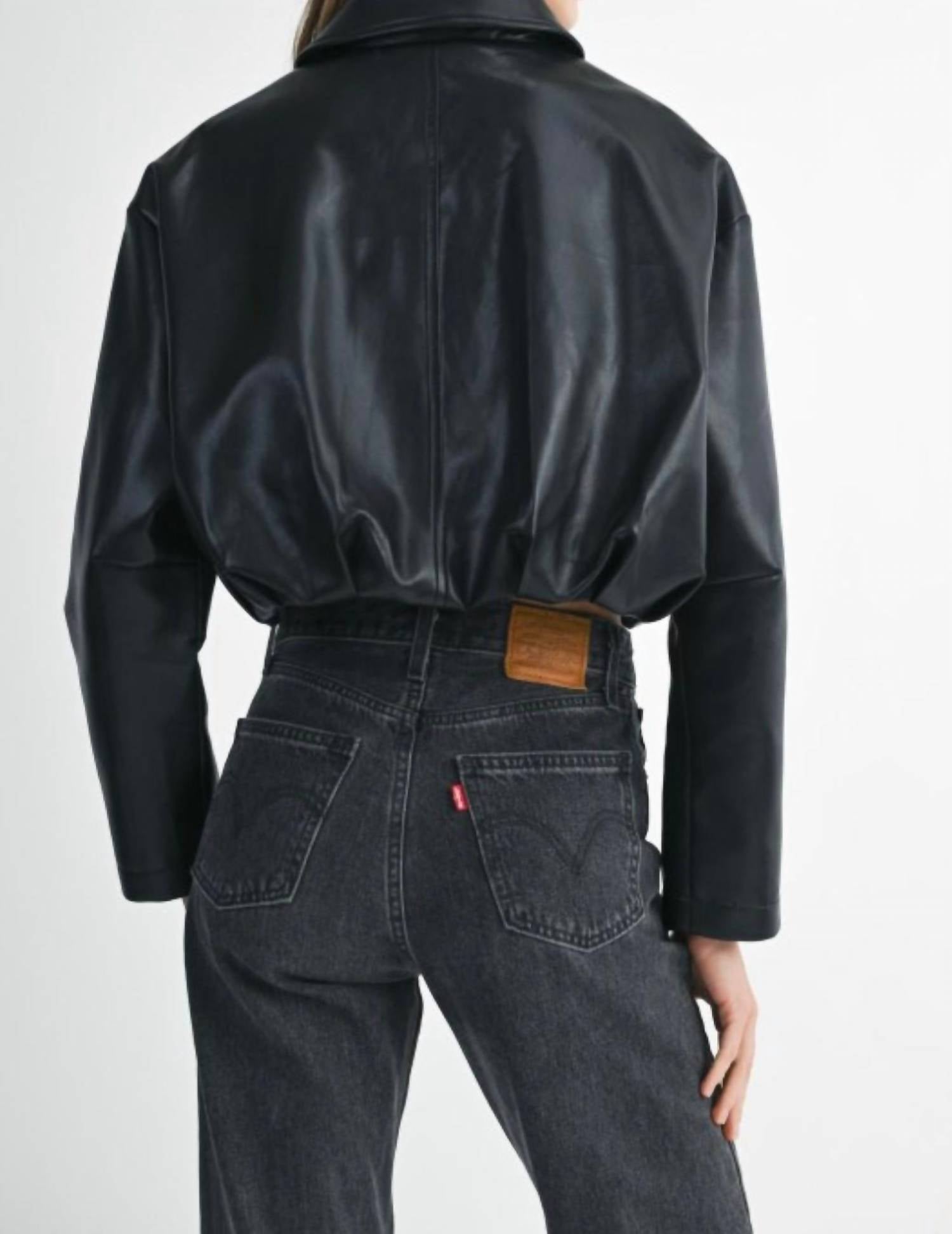 Mable - Faux Leather Pleated Bubble Hem Cropped Jacket