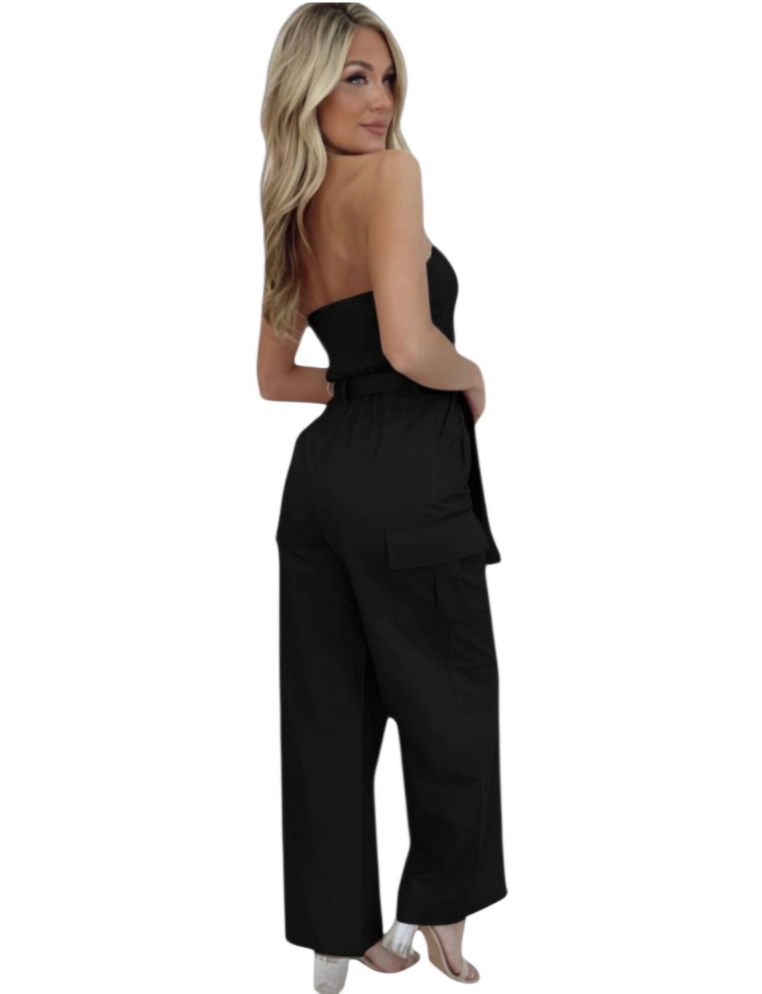 PAPERMOON Hazel Strapless Cargo Jumpsuit in black wbuckle - women's pants - alternate view