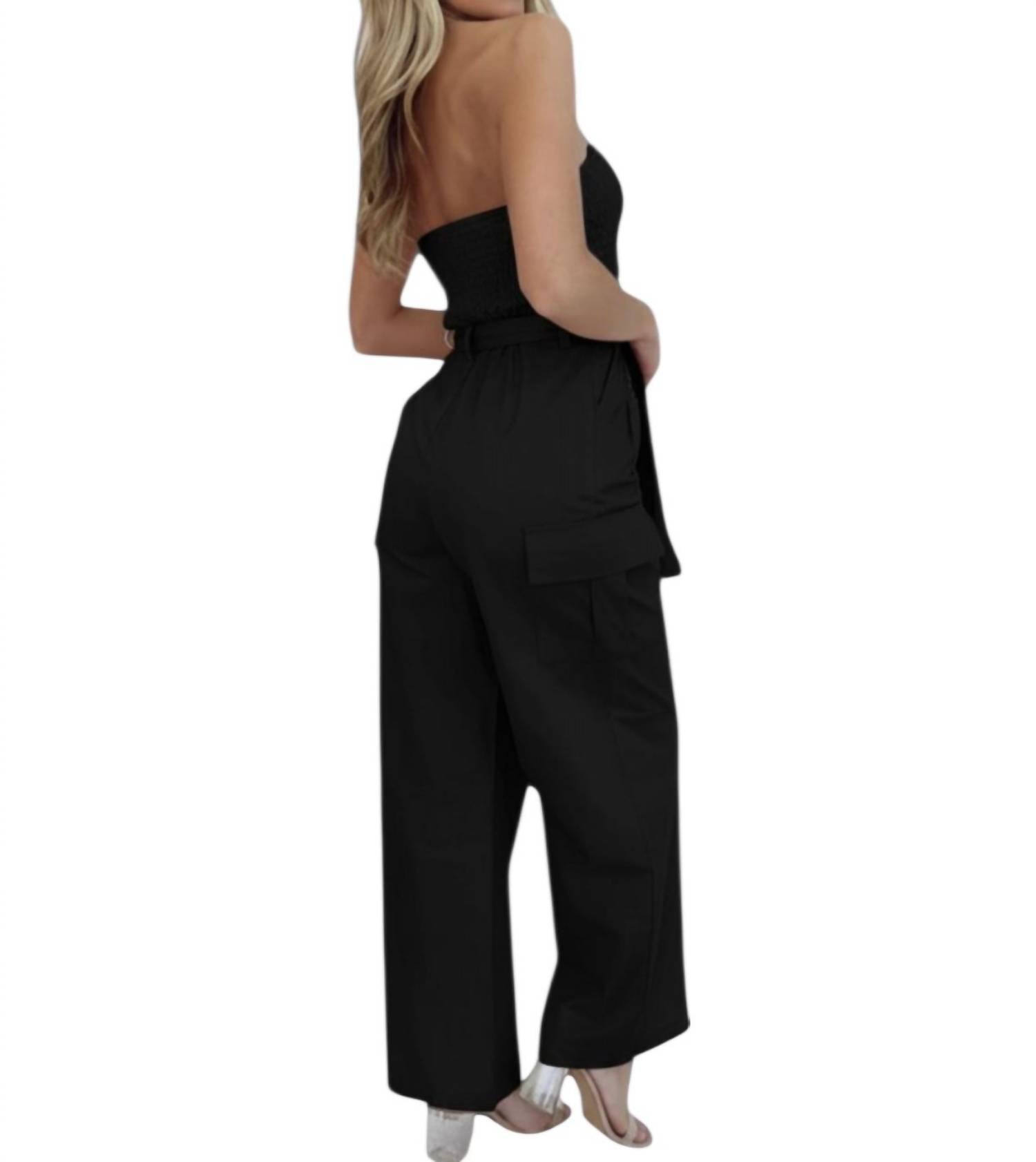 PAPERMOON Hazel Strapless Cargo Jumpsuit in black wbuckle - women's pants - detail view