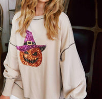 Fantastic Fawn - Sequin Halloween Pumpkin Patch Knit Sweatshirt