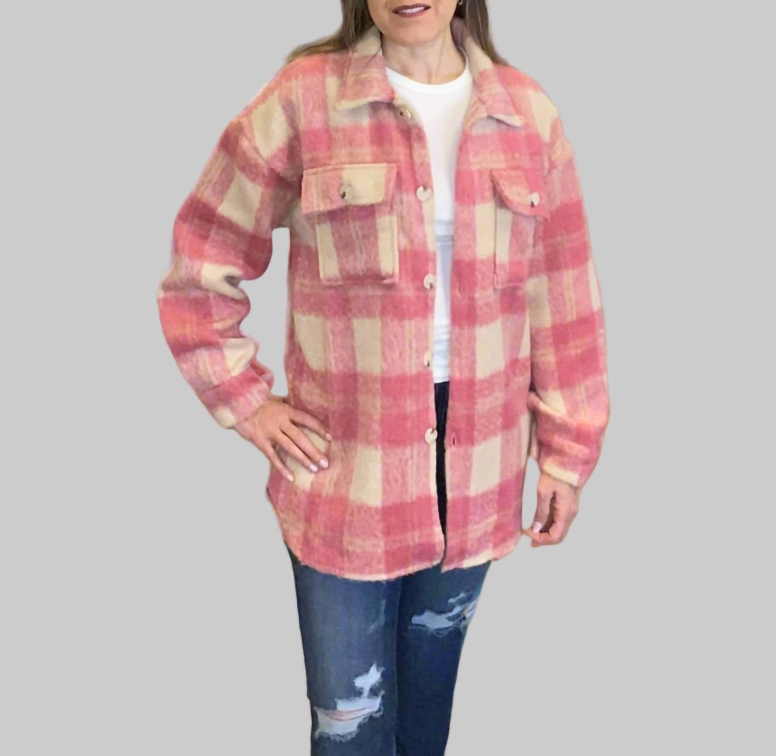 Epretty - Fuzzy Plaid Button Down Shacket