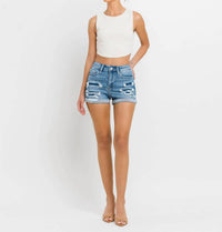 Vervet By Flying Monkey - High Rise Patched Double Cuffed Denim Shorts