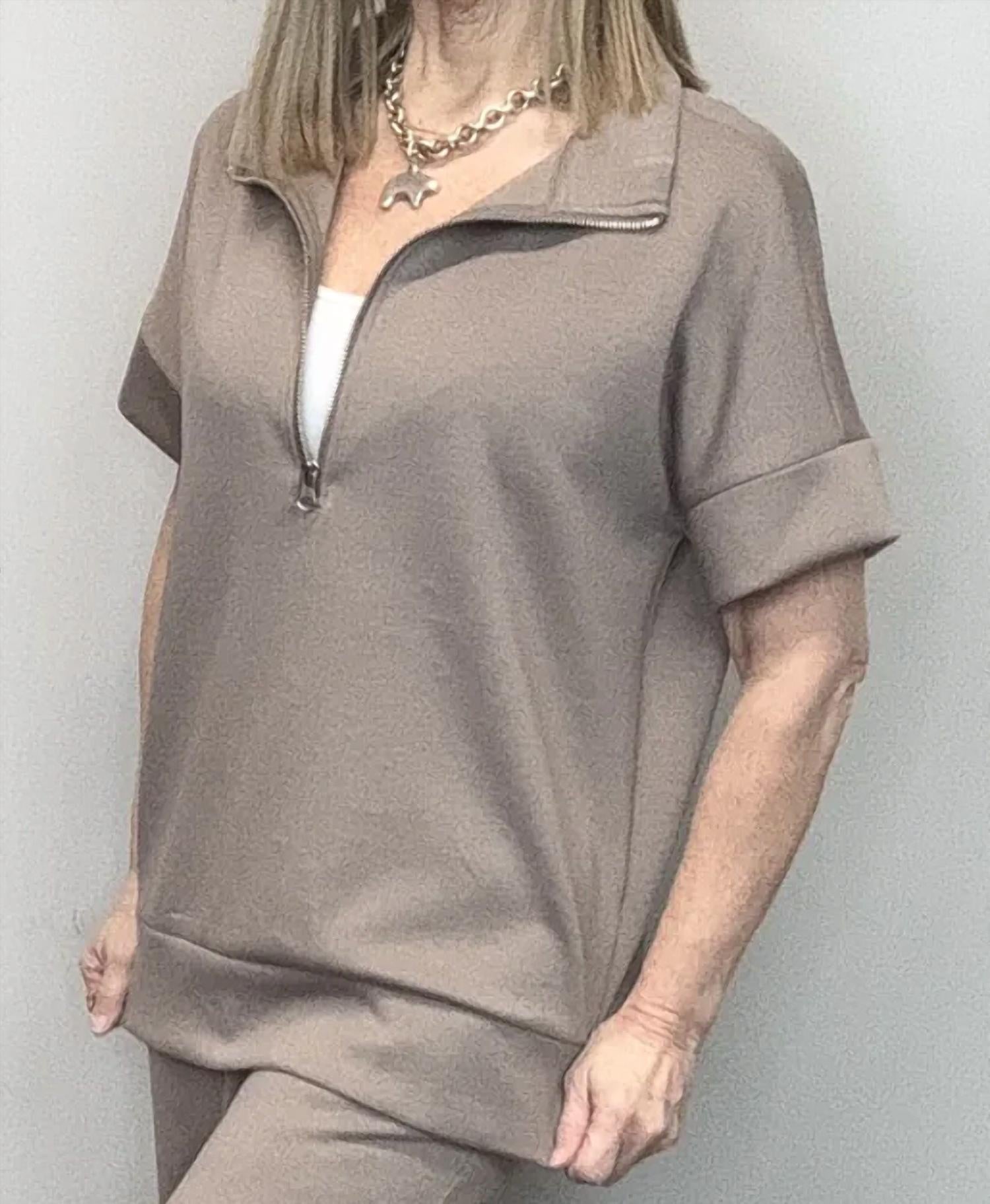 ZENANA Scuba High Neck Half Zip Top Pants Set in cocoa - women's sleepwear - alternate view