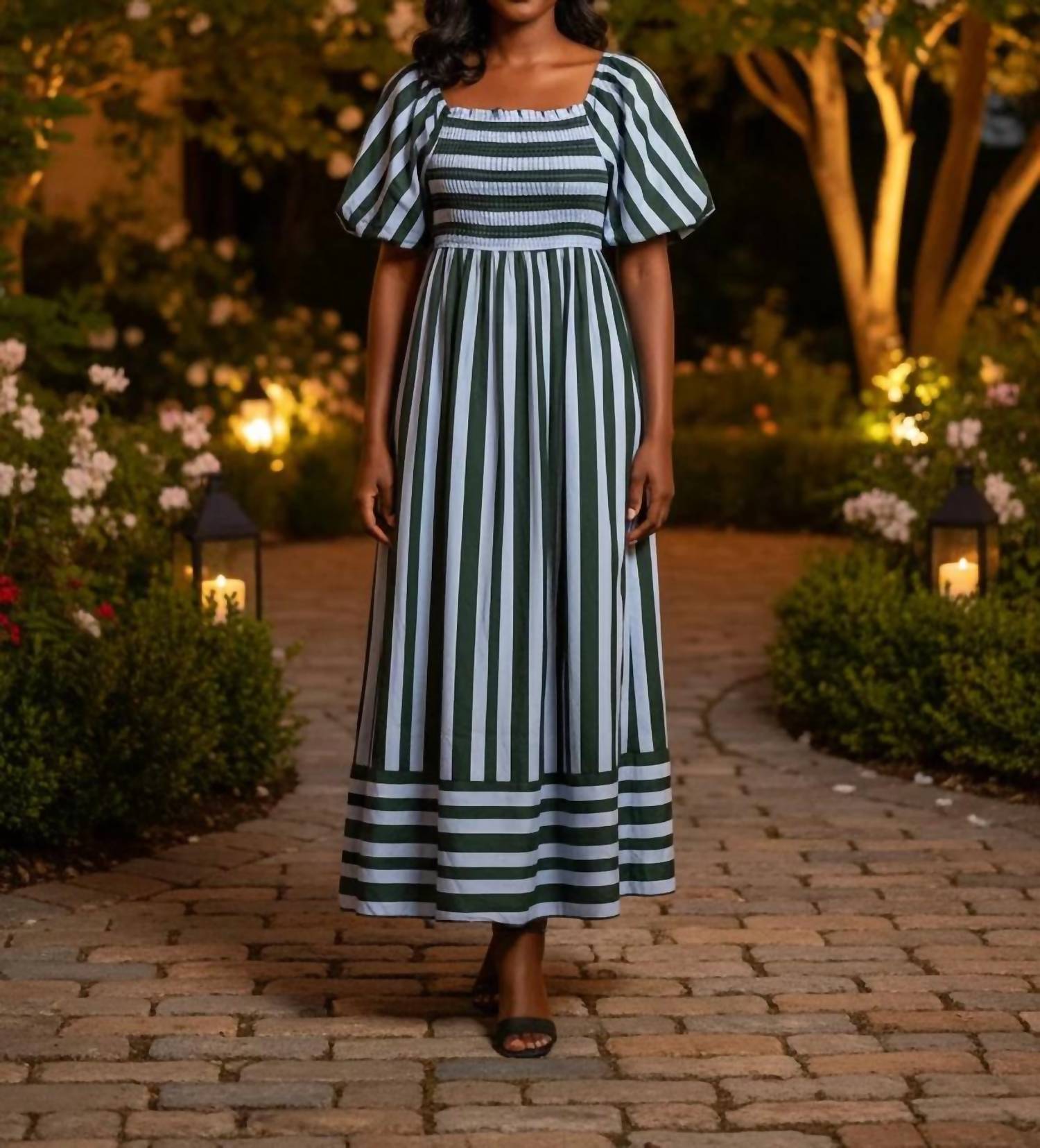 She + Sky - Women's Short Bubble Sleeve Smocked Top Striped Midi Dress