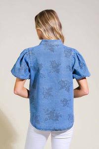 FLYING TOMATO Selena Floral Print Washed Denim Top in medium blue - women's blouse - view 5