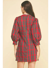 PINCH Andrea Holiday Buttoned Puff Sleeve Mini Dress in red plaid - women's dress - detail view