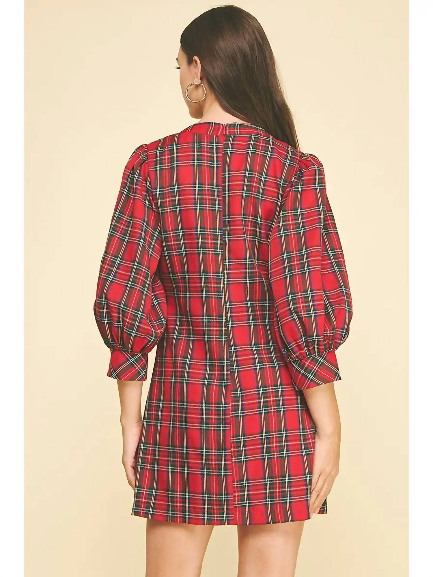PINCH Andrea Holiday Buttoned Puff Sleeve Mini Dress in red plaid - women's dress - detail view