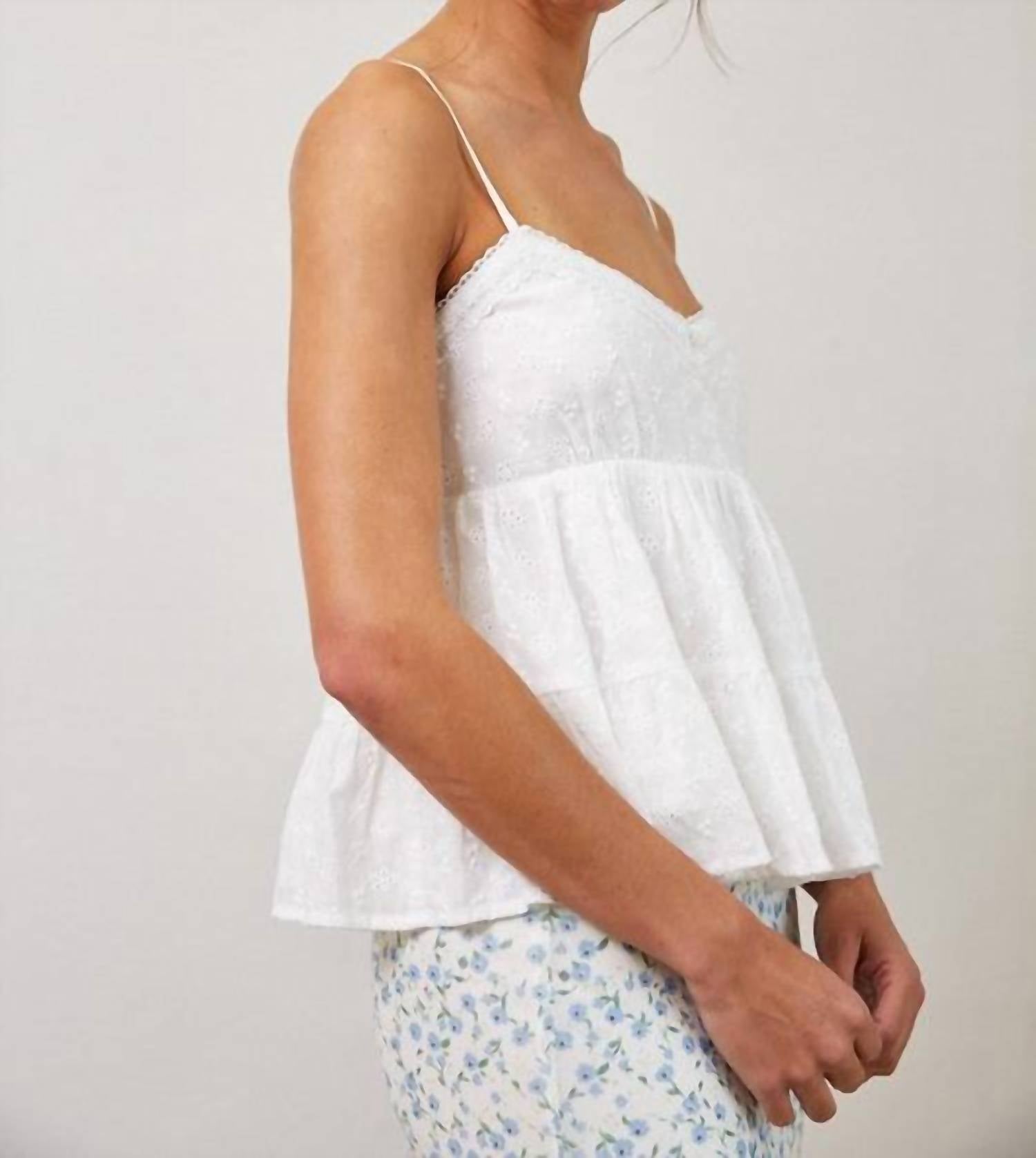 Creamon Eyelet Lace Trim Cami Top in white - women's shirt - detail view
