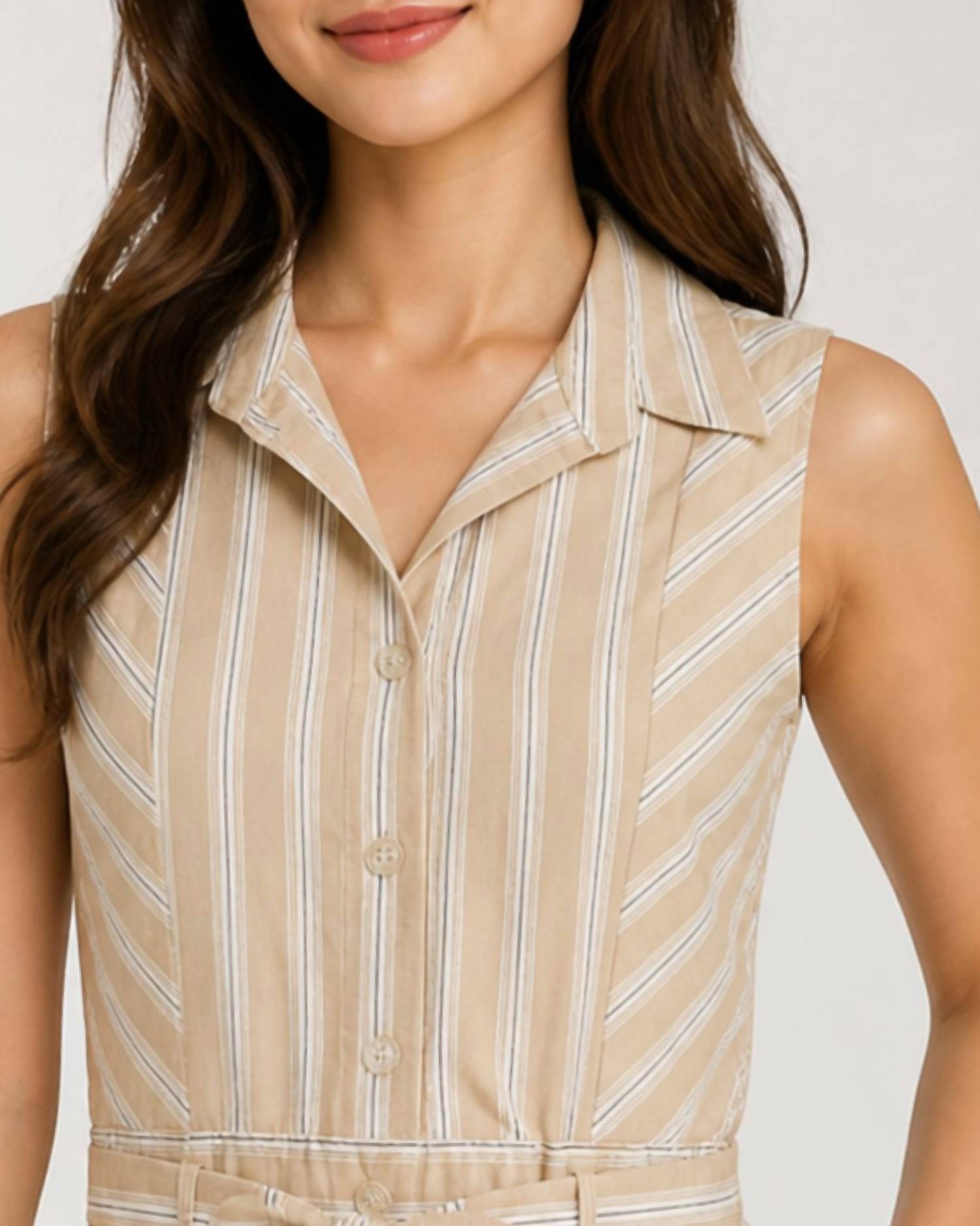 STARKx Ezra Button Down Top in taupe stripe - women's shirt